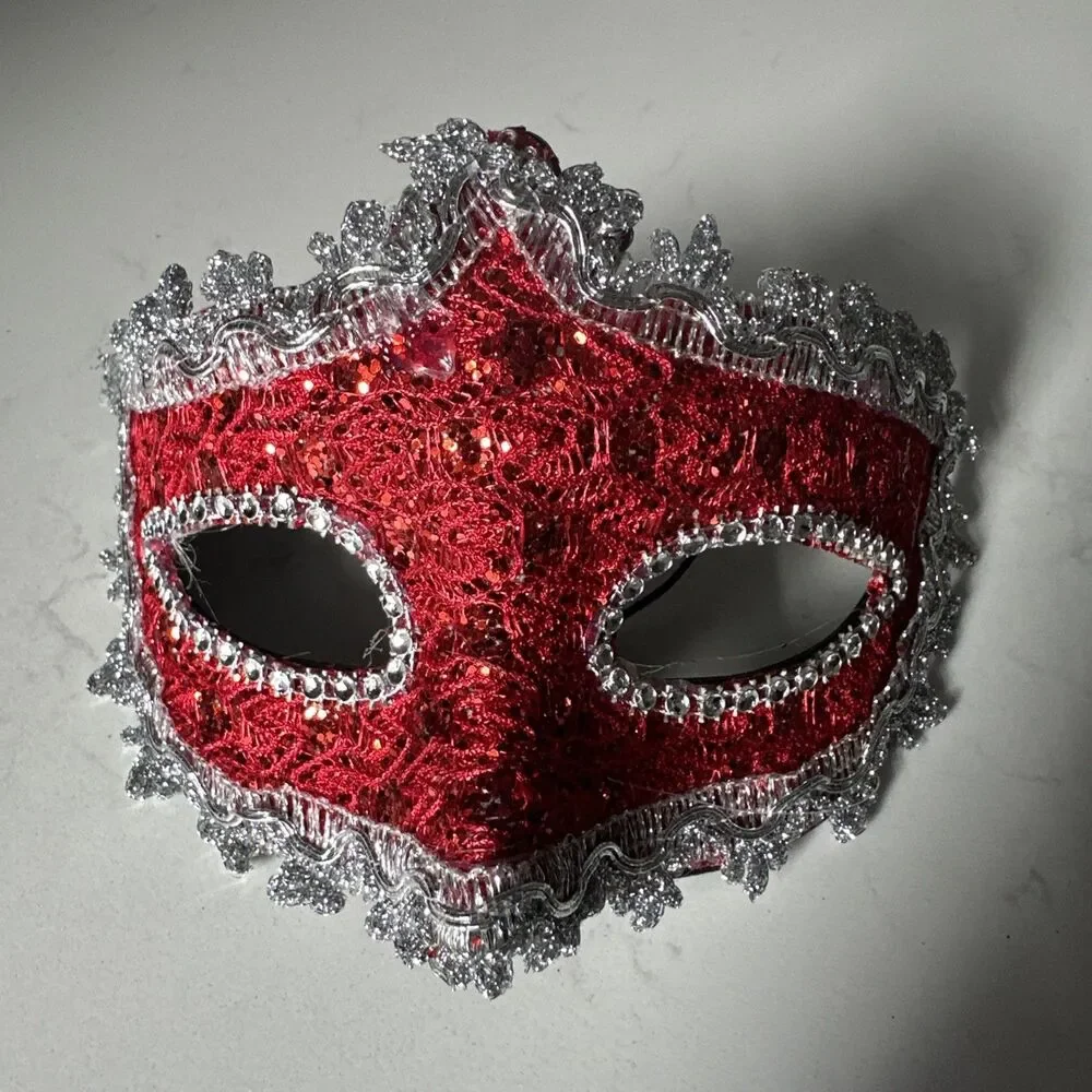 Lace Mardi Gras Mask Red with Silver Trim New Masquerade Ball Fantasy